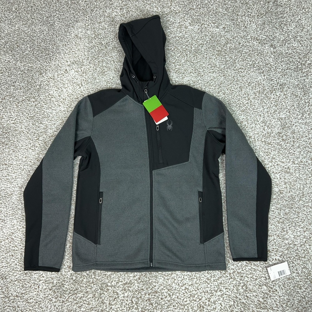 Spyder Jacket Mens Small Gray Black Hooded Full Zip Ski Hiking Core Sweater Top